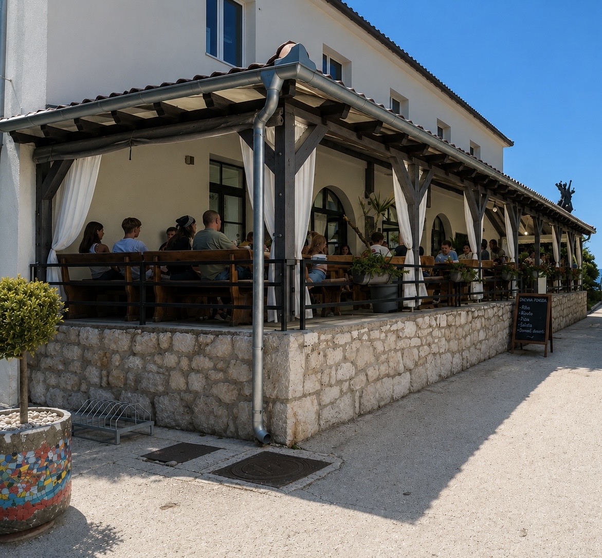 Sunny waterfront terrace of Bistro Trapula on Ugljan island